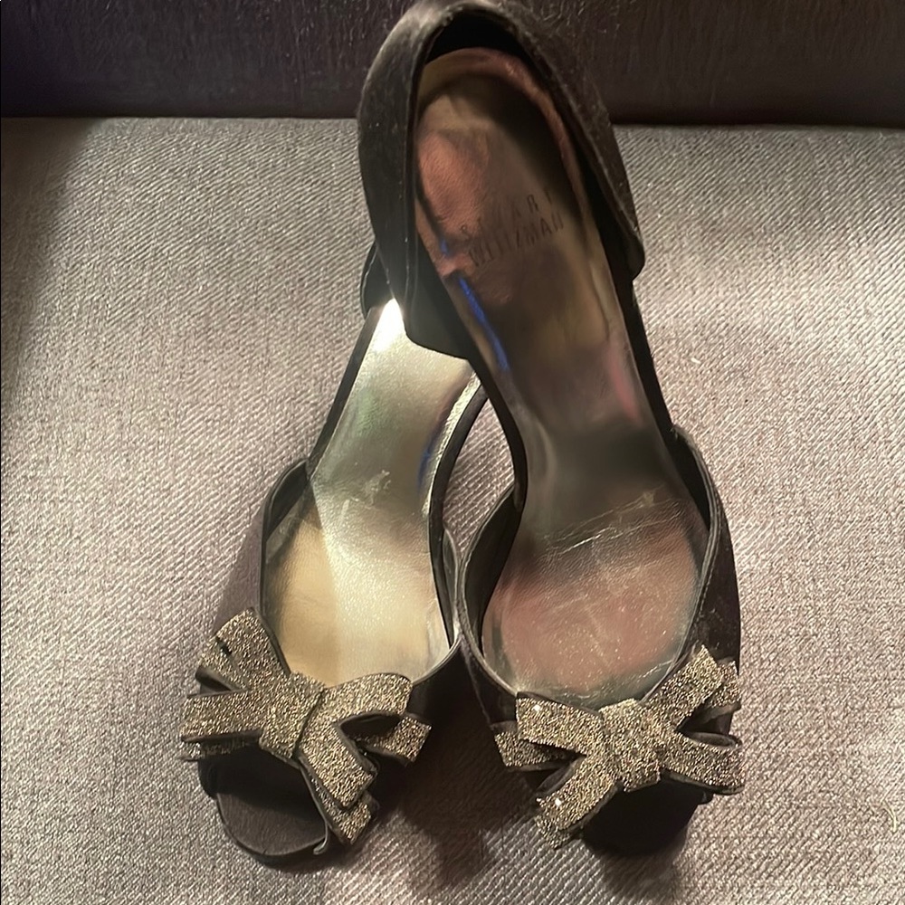 Stuart Weitzman Black and Silver High Heels with Peep-Toe - Picture 2 of 5